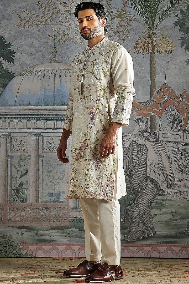 Ivory Chanderi Silk Floral Embroidered Kurta Set by ASUKA at Pernia's Pop Up Shop
