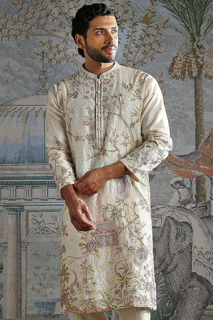 Ivory Chanderi Silk Floral Embroidered Kurta Set by ASUKA at Pernia's Pop Up Shop