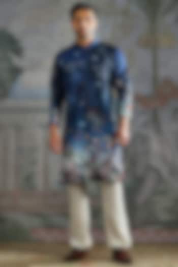Navy Silk Artwork Kurta Set by ASUKA at Pernia's Pop Up Shop