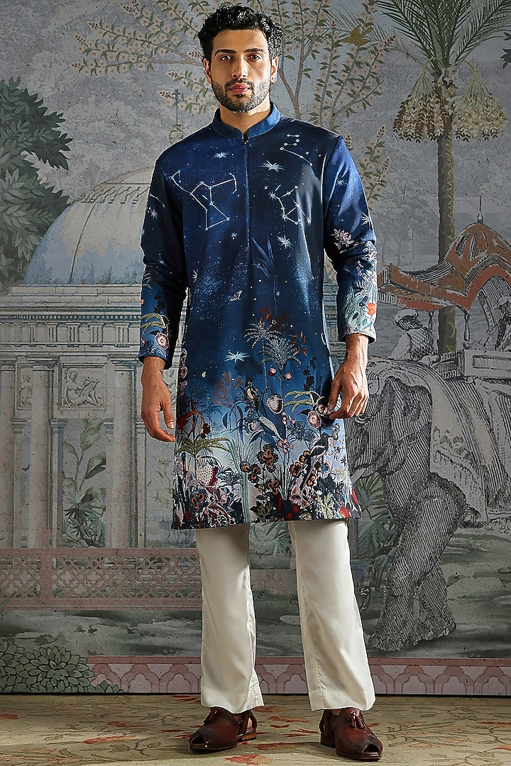 Navy Silk Artwork Kurta Set by ASUKA at Pernia's Pop Up Shop