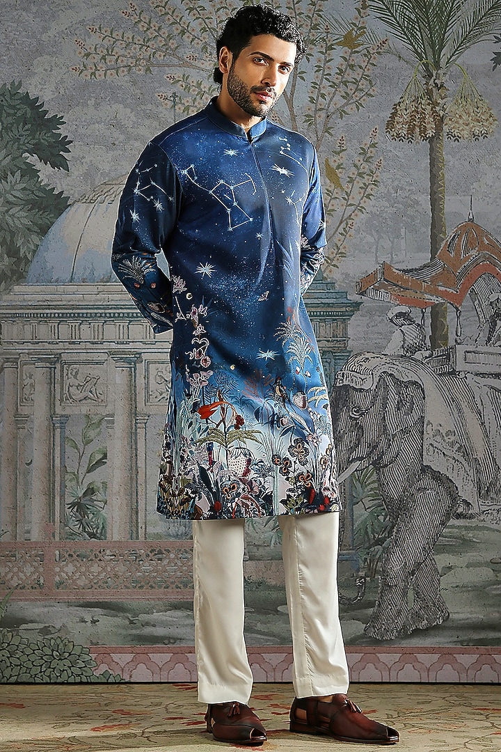 Navy Silk Artwork Kurta Set by ASUKA at Pernia's Pop Up Shop