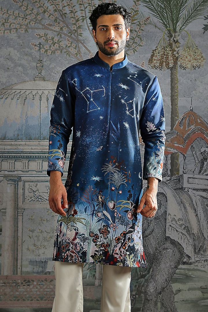 Navy Silk Artwork Kurta Set by ASUKA at Pernia's Pop Up Shop