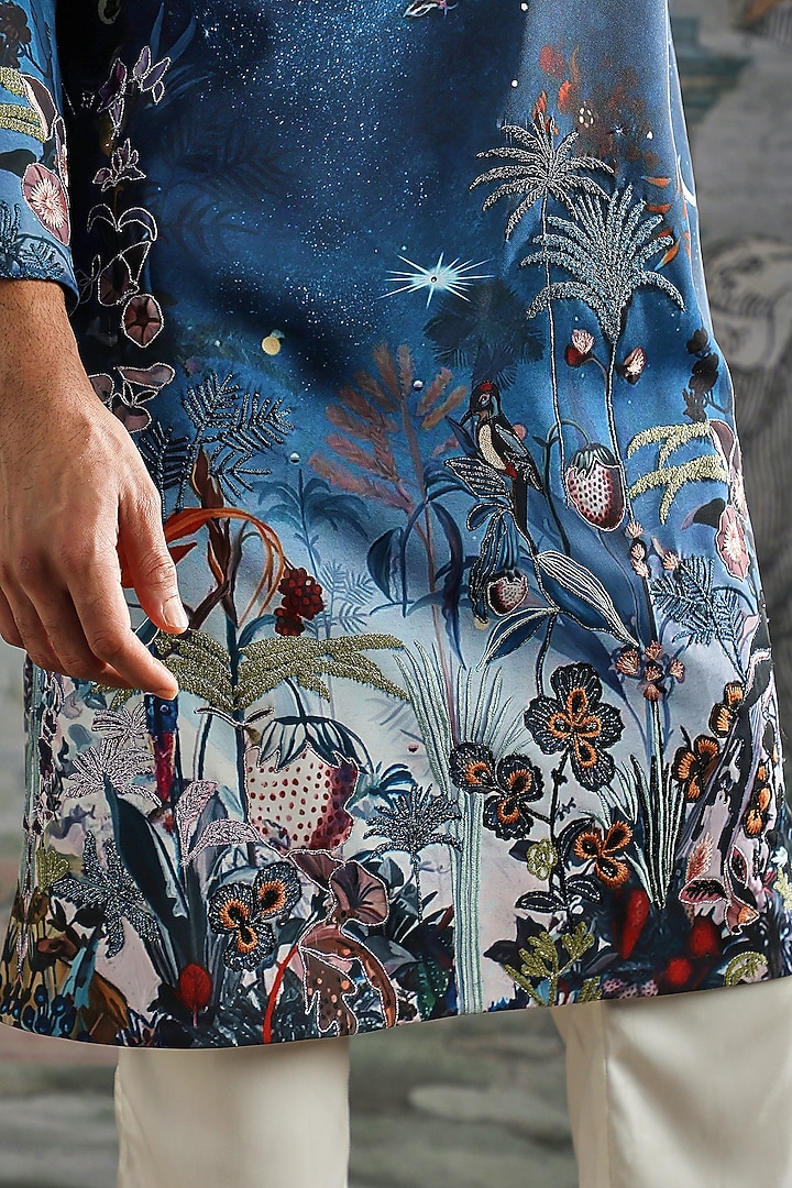 Navy Silk Artwork Kurta Set by ASUKA at Pernia's Pop Up Shop