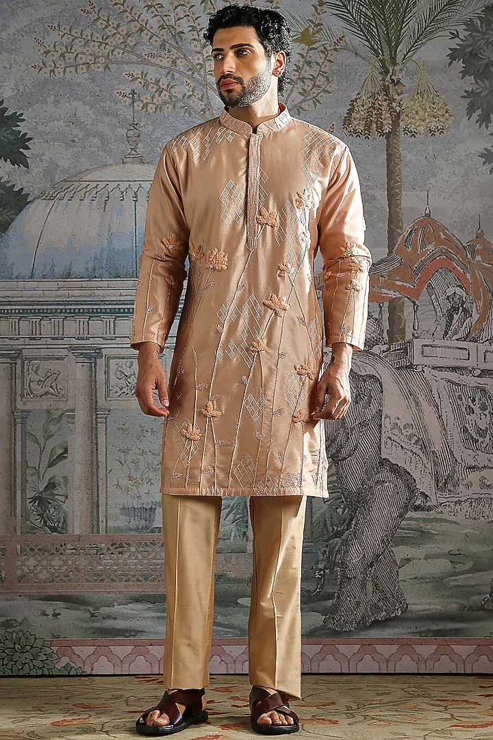 Nude-Beige Chanderi Silk Embroidered Kurta Set by ASUKA at Pernia's Pop Up Shop