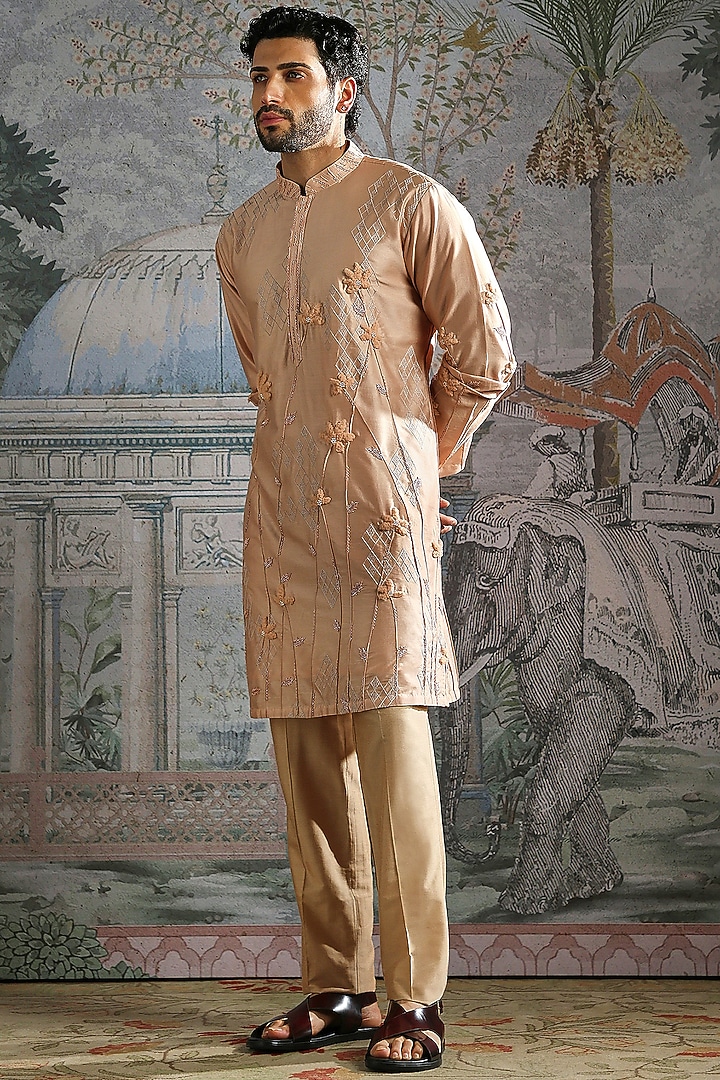 Nude-Beige Chanderi Silk Embroidered Kurta Set by ASUKA at Pernia's Pop Up Shop