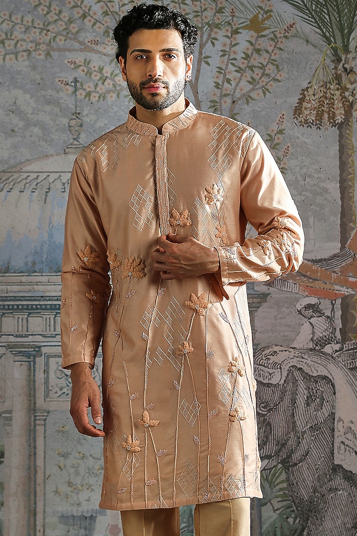 Nude-Beige Chanderi Silk Embroidered Kurta Set by ASUKA at Pernia's Pop Up Shop