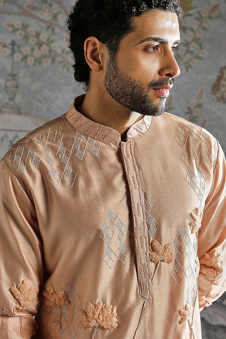 Nude-Beige Chanderi Silk Embroidered Kurta Set by ASUKA at Pernia's Pop Up Shop