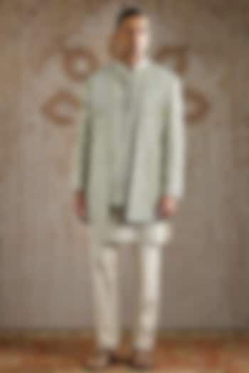 Pistachio Green Raw Silk Embellished Groom Bandhgala Set by ASUKA at Pernia's Pop Up Shop