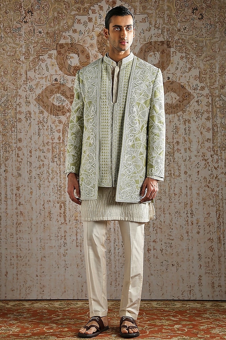 Pistachio Green Raw Silk Embellished Groom Bandhgala Set by ASUKA at Pernia's Pop Up Shop
