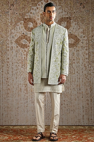 Pistachio Green Raw Silk Embellished Bandhgala Set by ASUKA
