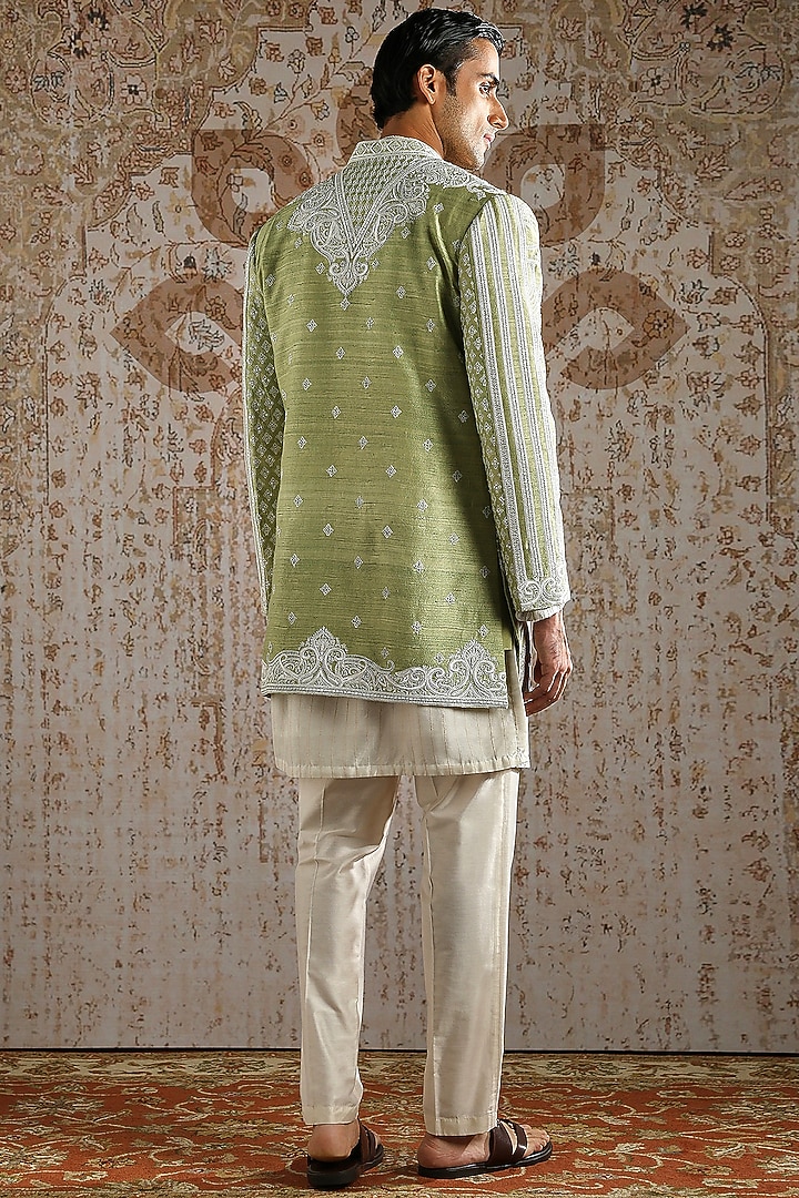 Pistachio Green Raw Silk Embellished Groom Bandhgala Set by ASUKA at Pernia's Pop Up Shop