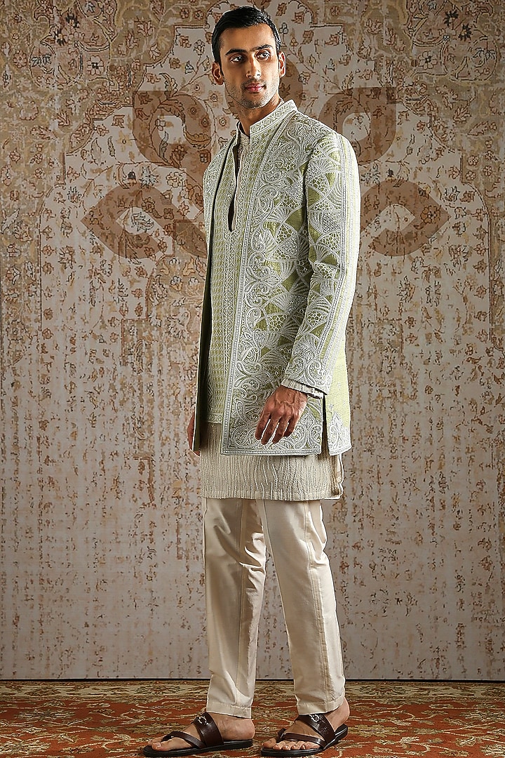 Pistachio Green Raw Silk Embellished Groom Bandhgala Set by ASUKA at Pernia's Pop Up Shop