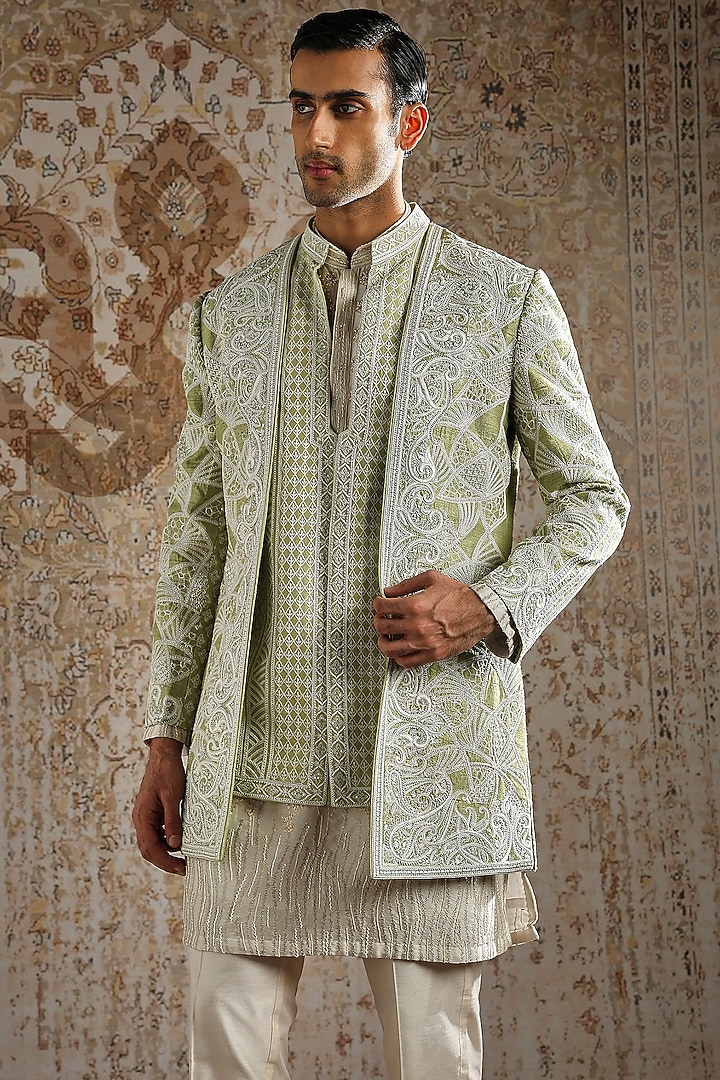 Pistachio Green Raw Silk Embellished Groom Bandhgala Set by ASUKA at Pernia's Pop Up Shop