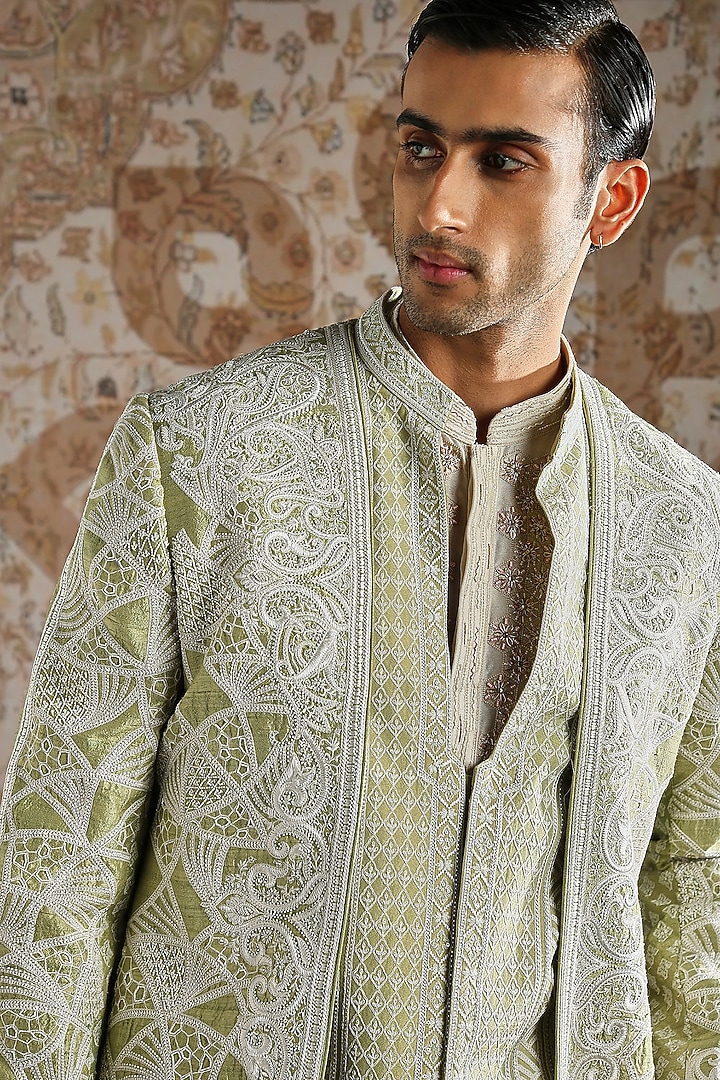 Pistachio Green Raw Silk Embellished Groom Bandhgala Set by ASUKA at Pernia's Pop Up Shop