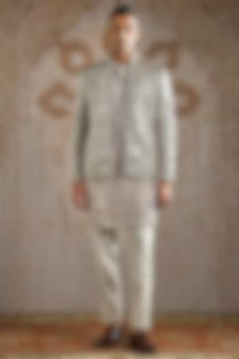 Beige Jacquard Embroidered Wedding Bandhgala Set by ASUKA at Pernia's Pop Up Shop