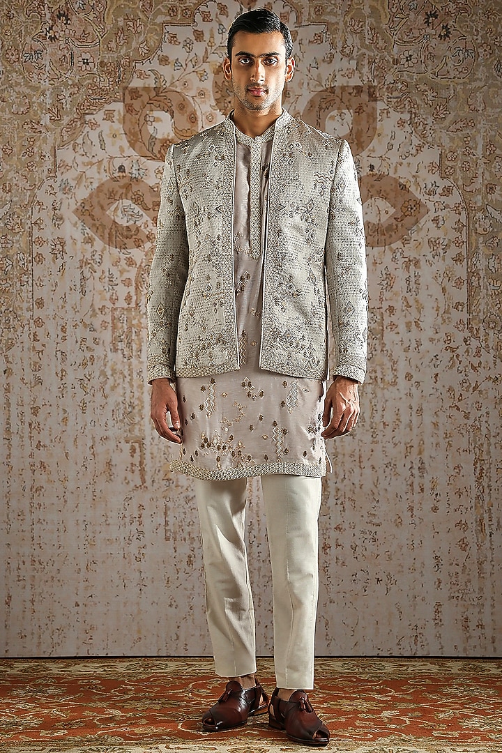 Beige Jacquard Embroidered Wedding Bandhgala Set by ASUKA at Pernia's Pop Up Shop
