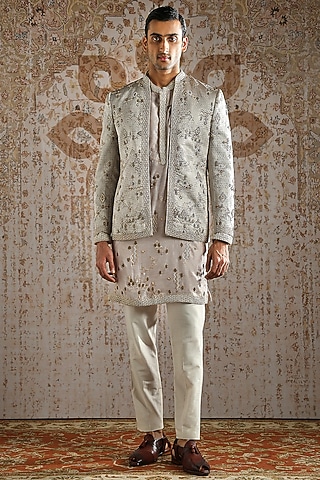 Beige Jacquard Embroidered Bandhgala Set by ASUKA