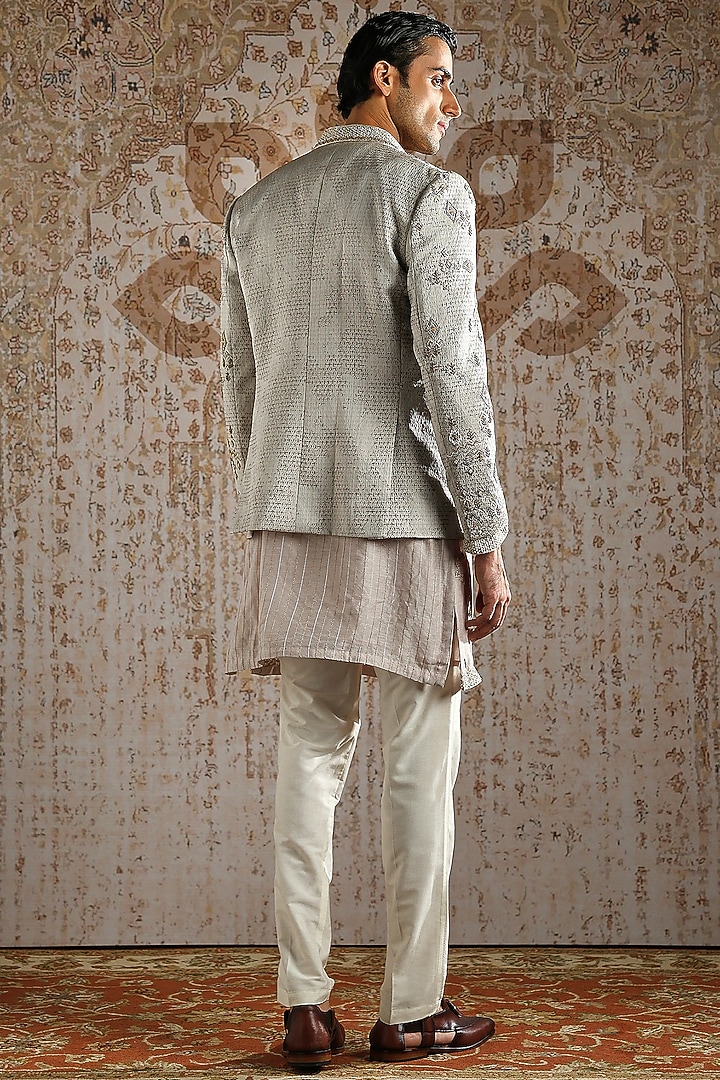 Beige Jacquard Embroidered Wedding Bandhgala Set by ASUKA at Pernia's Pop Up Shop