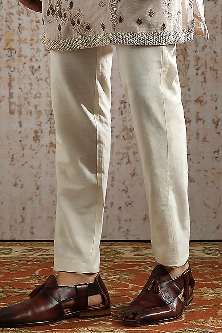 Beige Jacquard Embroidered Wedding Bandhgala Set by ASUKA at Pernia's Pop Up Shop