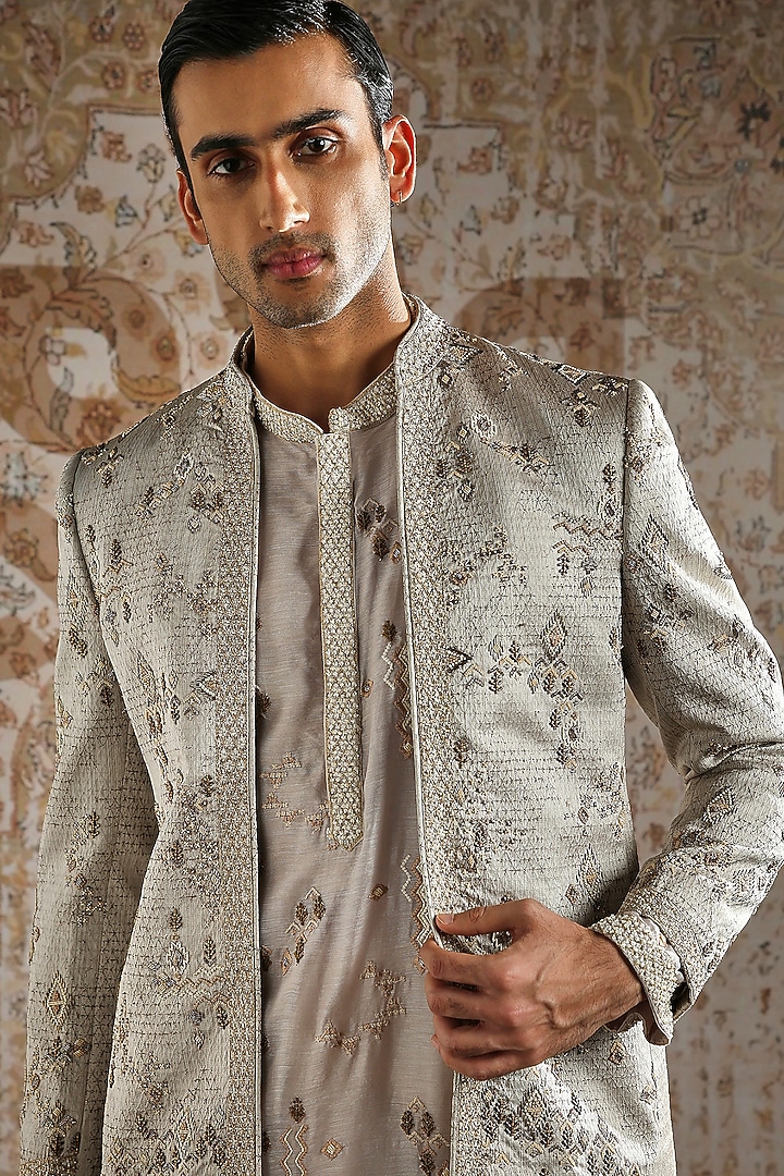 Beige Jacquard Embroidered Wedding Bandhgala Set by ASUKA at Pernia's Pop Up Shop