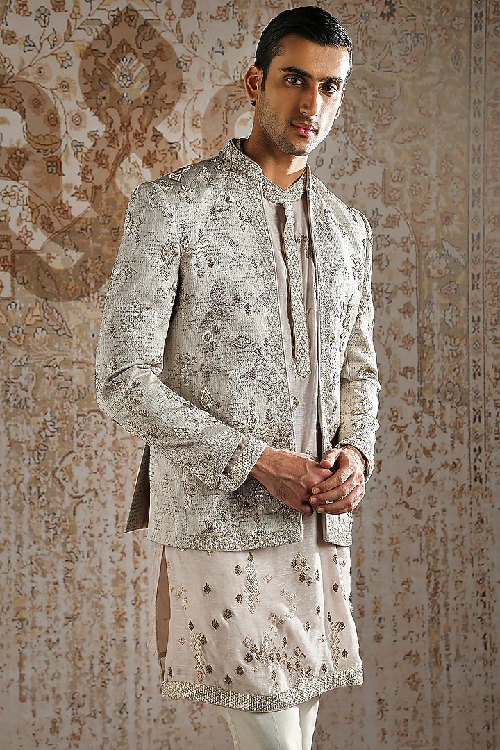 Beige Jacquard Embroidered Wedding Bandhgala Set by ASUKA at Pernia's Pop Up Shop