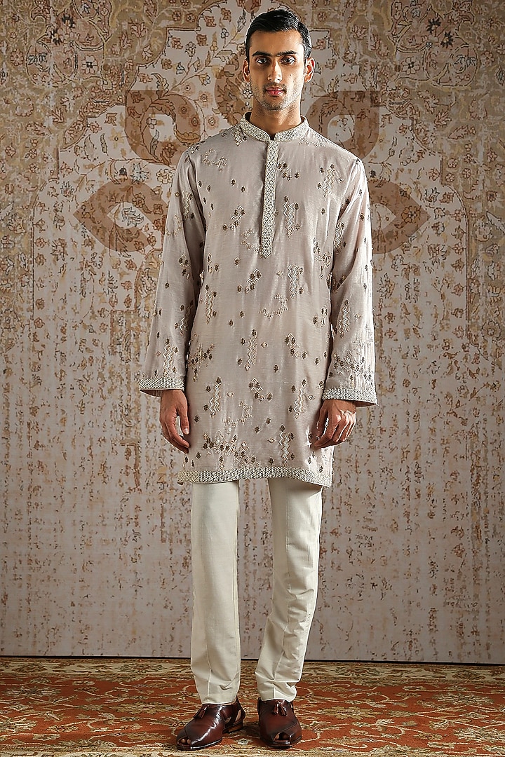 Beige Jacquard Embroidered Wedding Bandhgala Set by ASUKA at Pernia's Pop Up Shop