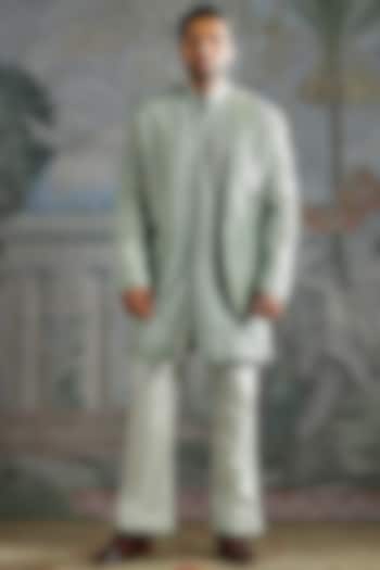 Ice Blue Raw Silk Floral Embroidered Groom Sherwani Set by ASUKA at Pernia's Pop Up Shop