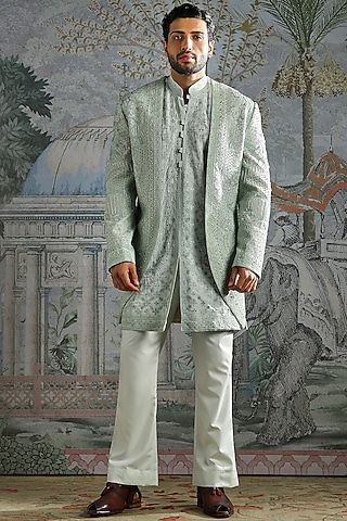 Ice Blue Raw Silk Floral Embroidered Sherwani Set by ASUKA