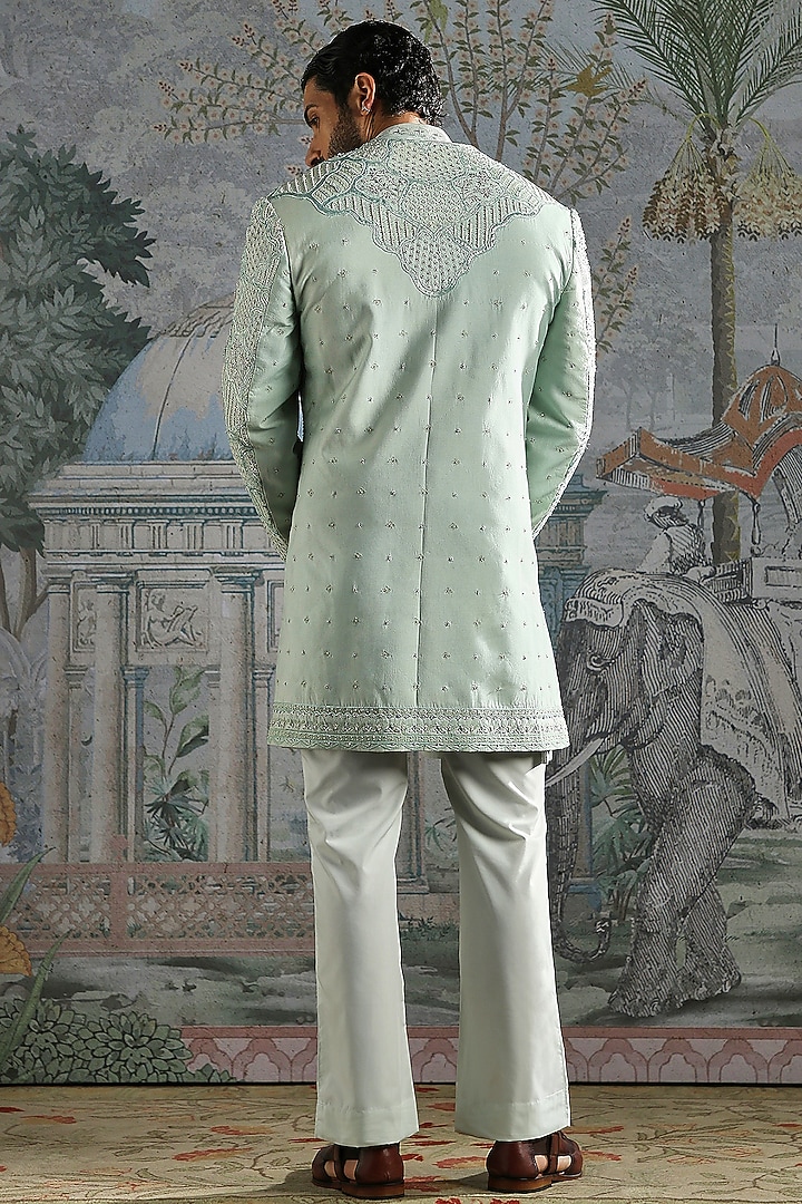 Ice Blue Raw Silk Floral Embroidered Groom Sherwani Set by ASUKA at Pernia's Pop Up Shop