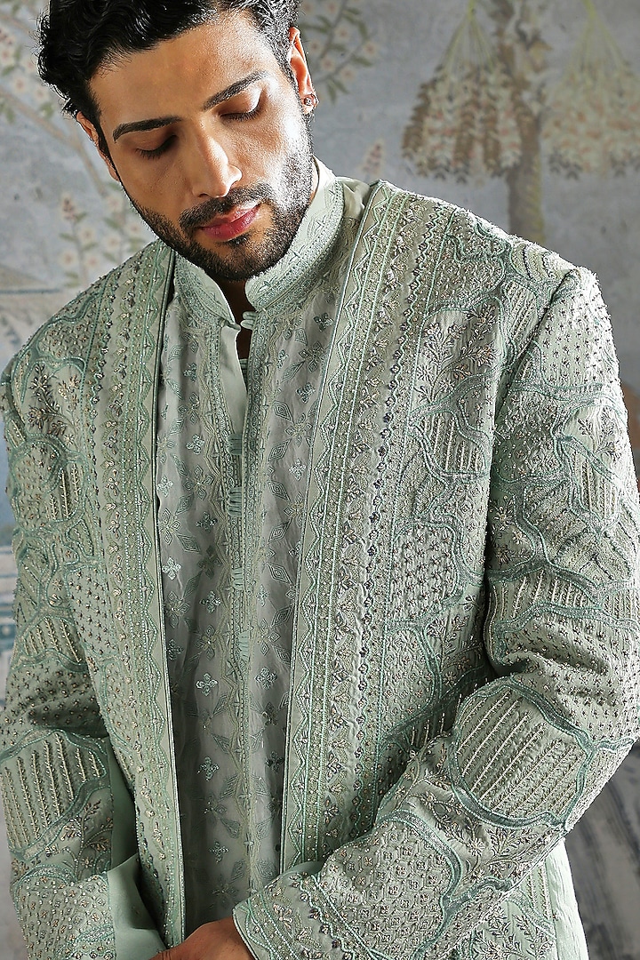 Ice Blue Raw Silk Floral Embroidered Groom Sherwani Set by ASUKA at Pernia's Pop Up Shop