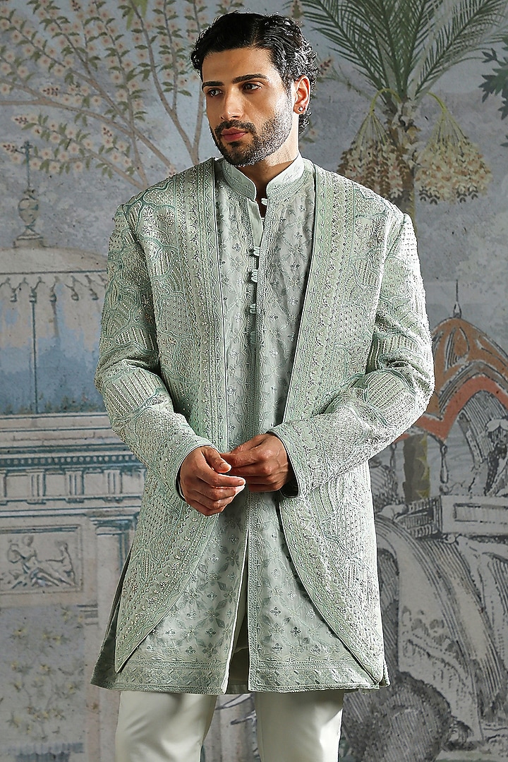 Ice Blue Raw Silk Floral Embroidered Groom Sherwani Set by ASUKA at Pernia's Pop Up Shop