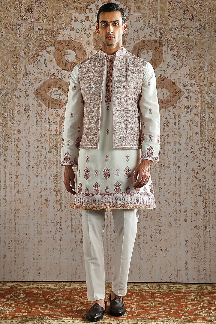 Ivory Silk Embroidered Bundi Jacket Set by ASUKA at Pernia's Pop Up Shop
