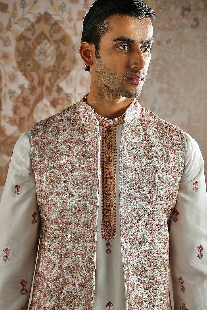 Ivory Silk Embroidered Bundi Jacket Set by ASUKA at Pernia's Pop Up Shop