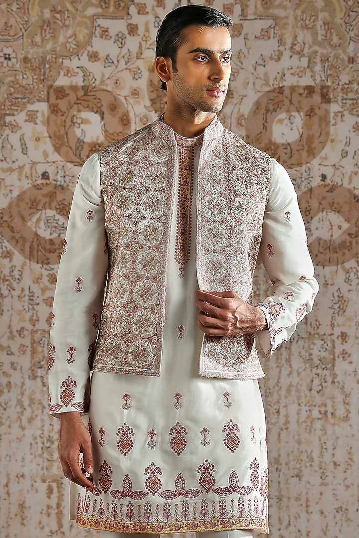 Ivory Silk Embroidered Bundi Jacket Set by ASUKA at Pernia's Pop Up Shop