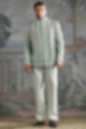 Sage Green Silk Embroidered Groom Bandhgala Set by ASUKA at Pernia's Pop Up Shop