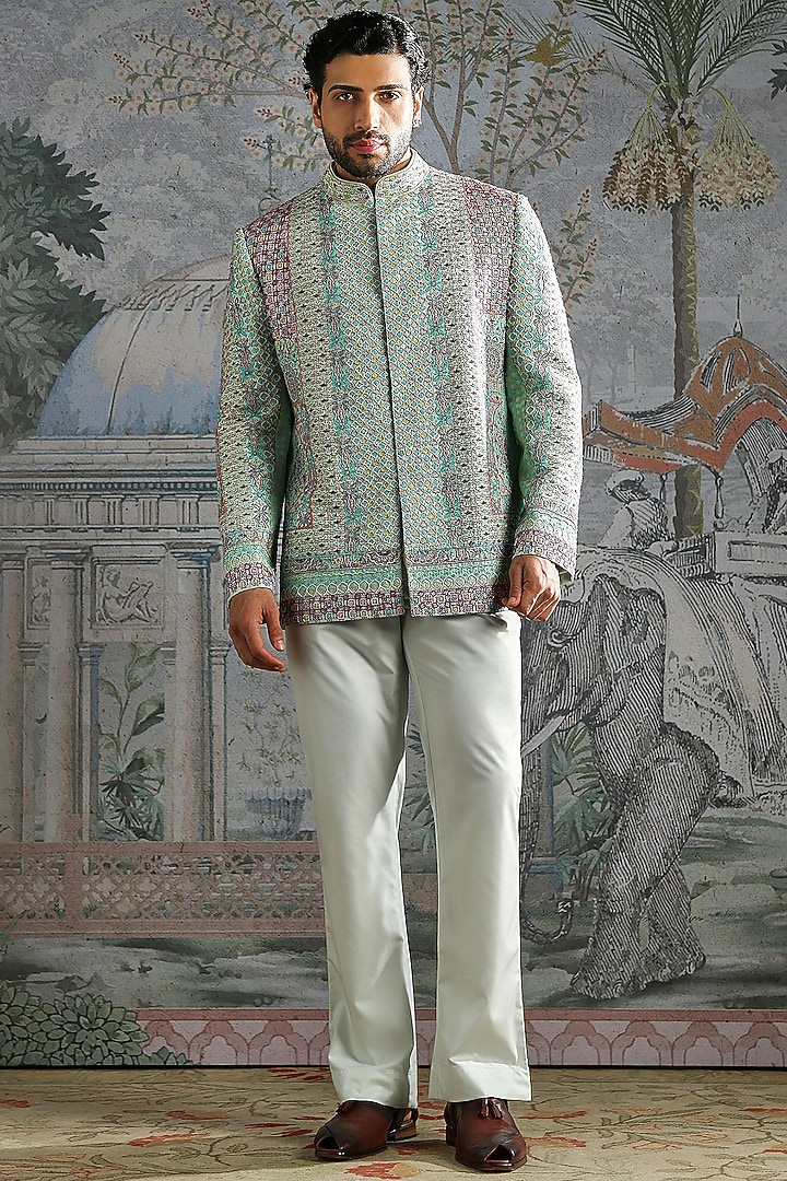 Sage Green Silk Embroidered Groom Bandhgala Set by ASUKA at Pernia's Pop Up Shop