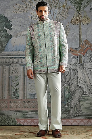 Sage Green Silk Embroidered Bandhgala Set by ASUKA