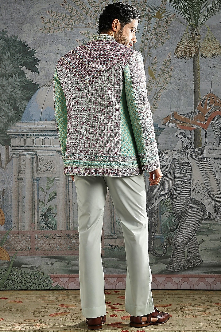 Sage Green Silk Embroidered Groom Bandhgala Set by ASUKA at Pernia's Pop Up Shop