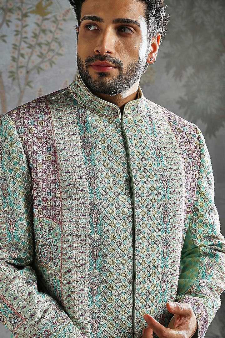 Sage Green Silk Embroidered Groom Bandhgala Set by ASUKA at Pernia's Pop Up Shop