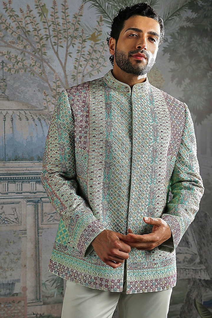 Sage Green Silk Embroidered Groom Bandhgala Set by ASUKA at Pernia's Pop Up Shop
