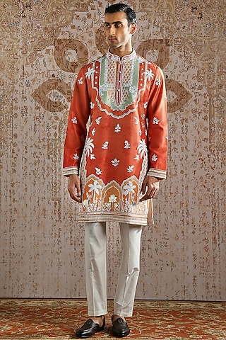 Rust Chanderi Silk Embroidered Kurta Set by ASUKA