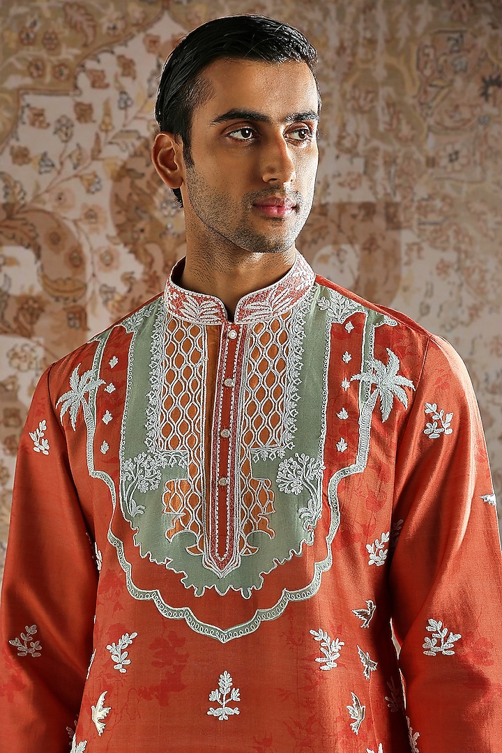 Rust Chanderi Silk Embroidered Kurta Set by ASUKA at Pernia's Pop Up Shop