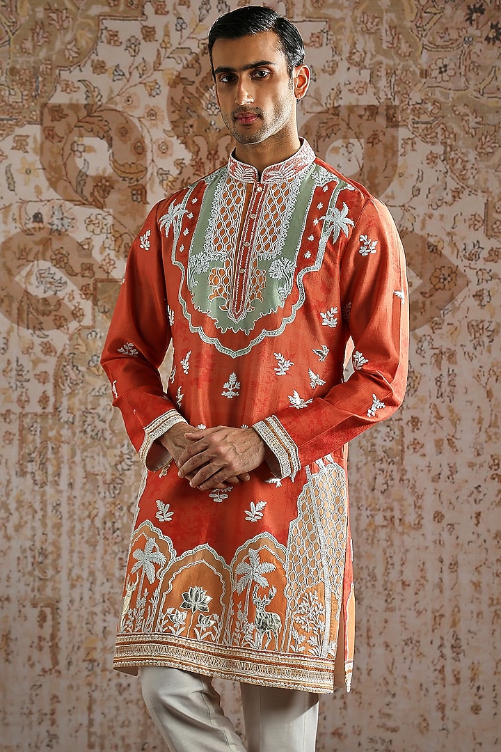 Rust Chanderi Silk Embroidered Kurta Set by ASUKA at Pernia's Pop Up Shop