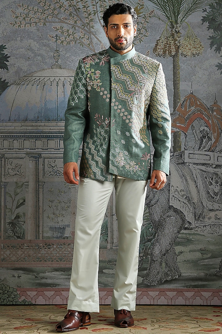 Teal Linen Crest Embroidered Wedding Bandhgala Set by ASUKA at Pernia's Pop Up Shop