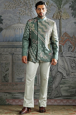Teal Linen Crest Embroidered Bandhgala Set by ASUKA