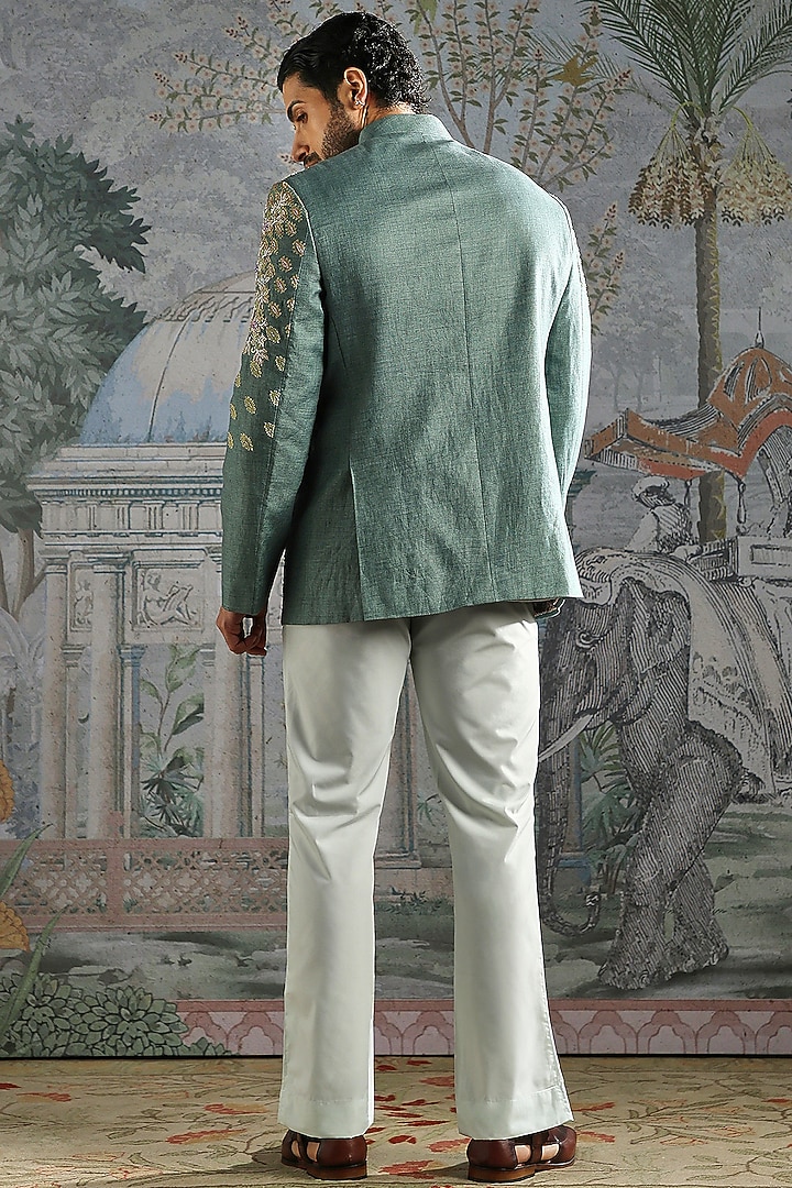 Teal Linen Crest Embroidered Wedding Bandhgala Set by ASUKA at Pernia's Pop Up Shop