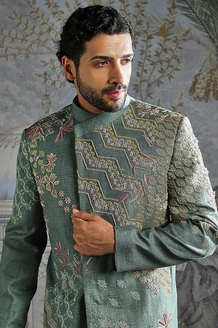 Teal Linen Crest Embroidered Wedding Bandhgala Set by ASUKA at Pernia's Pop Up Shop
