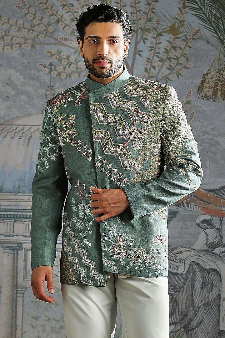 Teal Linen Crest Embroidered Wedding Bandhgala Set by ASUKA at Pernia's Pop Up Shop