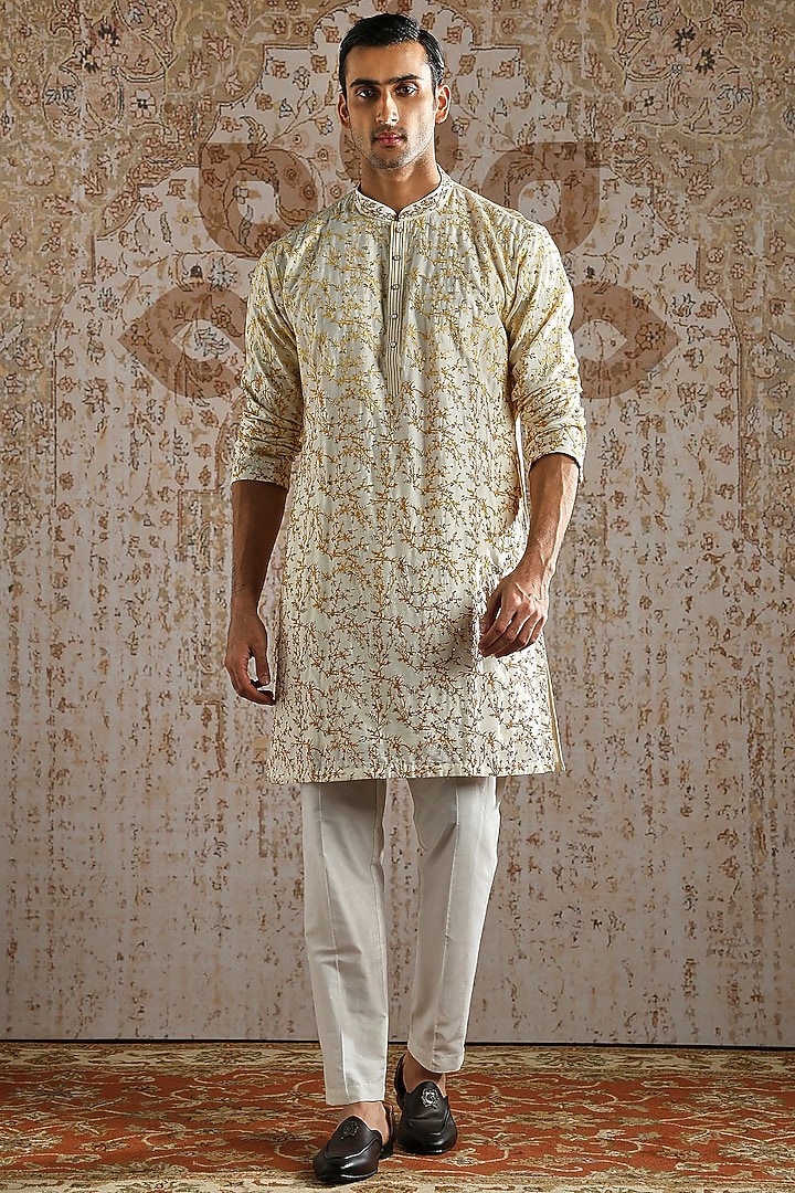Ivory Chanderi Silk Embroidered Kurta Set by ASUKA at Pernia's Pop Up Shop
