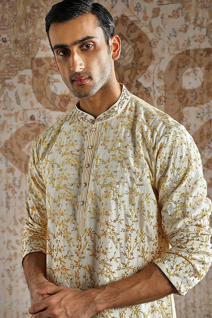 Ivory Chanderi Silk Embroidered Kurta Set by ASUKA at Pernia's Pop Up Shop